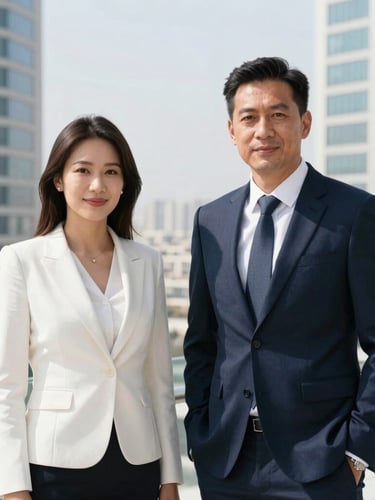 Polished environmental portrait of two corporate executives in a high-rise office overlooking Amman, clean natural daylight, professional attire.