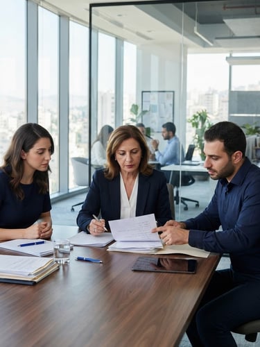 A bright corporate office in Amman with professional HR consultants reviewing official documents, modern architectural background, clean navy tones.
