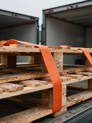 Macro close-up of heavy-duty orange cargo straps securing wooden pallets inside a commercial transport truck, cool natural European daylight, overcast sky visible through the rear doors, industrial texture.