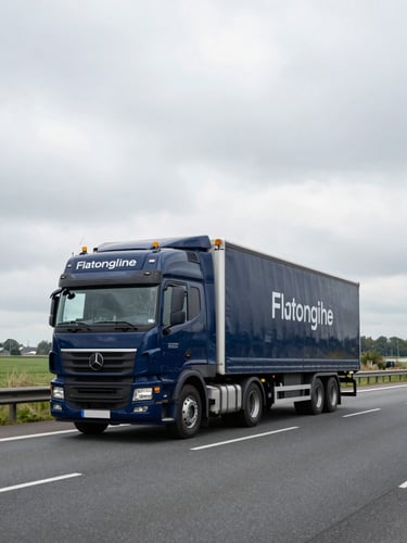 Wide environmental shot of a branded dark blue transport truck driving on a clean Dutch highway under heavy overcast European skies, cool natural daylight, minimal traffic.