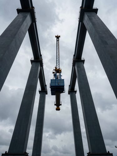 Wide low-angle shot of massive structural steel columns rising against a dramatic overcast sky, industrial cranes framing the composition