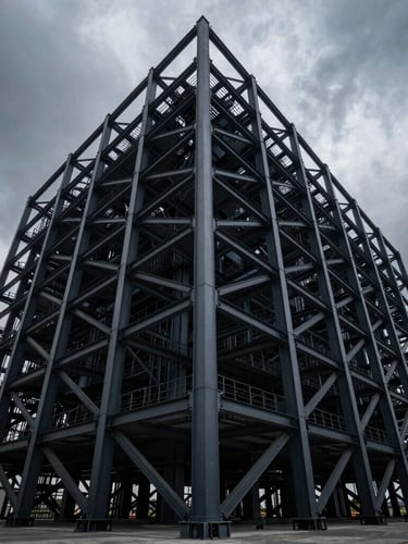 Wide-angle environmental shot, high-contrast architectural lighting, massive structural steel framing under a dramatic overcast sky, deep slate and industrial tones.
