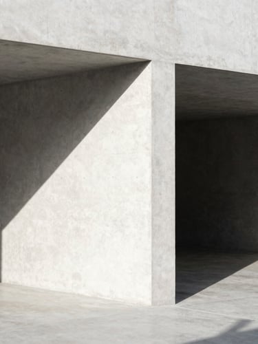 Stark minimalist architectural concrete structure, sharp direct sunlight, deep charcoal shadows, off-white concrete surface, 35mm crop.