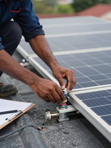 Close-up of a solar technician's hands checking a rooftop panel junction on a residential Sri Lankan roof, natural daylight, inspection clipboard visible at the edge of frame, crisp detail on equipment