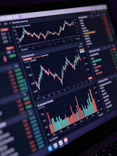 Close-up of a high-end dark tech interface displaying complex data streams and financial charts, sharp focus, low-key dramatic lighting with subtle purple ambient accents.