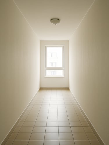 Wide view of a freshly painted apartment building corridor, natural daylight from end window, clean off-white walls receding into depth, no furniture or people, floor tiles visible, crisp paint edge at skirting board