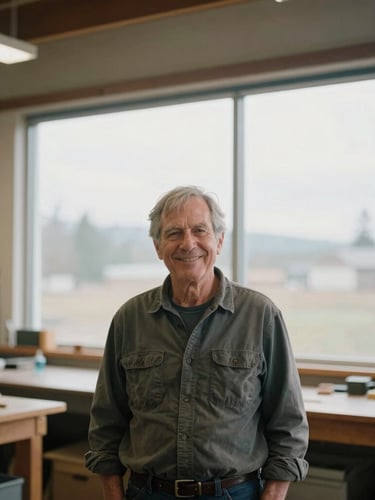 A wide environmental portrait of a veteran in a clean, modern Spokane workshop, smiling confidently under soft overcast window light, 35mm documentary style