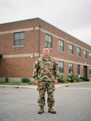 A wide environmental portrait of a military veteran standing outside a Spokane brick building under soft overcast daylight, authentic documentary style, 35mm.