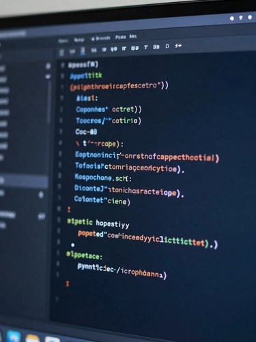 Tight macro shot of a clean code editor showing structured schema markup and optimized crawl architecture, cool indigo light reflecting off the screen.