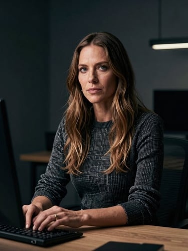 A high-contrast, professional workspace portrait of Sia, a female SEO strategist in a dark minimalist office, cool directional lighting