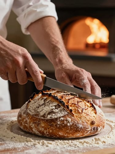 Macro portrait shot of a baker's flour-dusted hands scoring a rustic sourdough loaf with a razor blade, dramatic side lighting from a wood-fired oven glowing in the background.