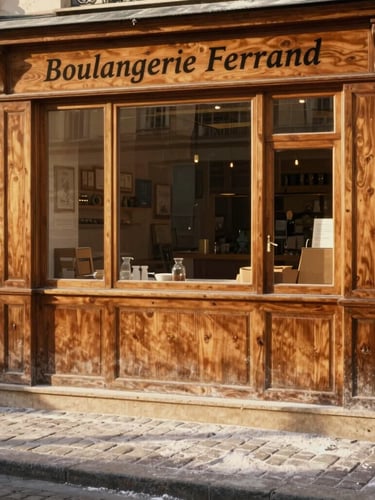 Warm editorial photography of the rustic wooden storefront of Boulangerie Ferrand in Paris, soft morning golden-hour light casting long shadows, flour-dusted cobblestones, shallow depth of field, 35mm film.