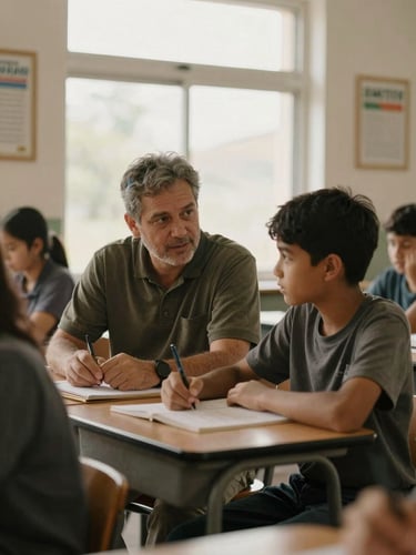 Medium environmental shot of an adult mentoring a student in a sunlit classroom, warm window light, natural expressions, authentic documentary style, rich muted earth tones