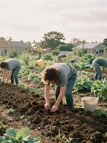 Wide environmental shot of a community garden at sunrise, soft overcast daylight, a volunteer tending soil in the foreground, warm natural tones, 35mm film grain documentary style