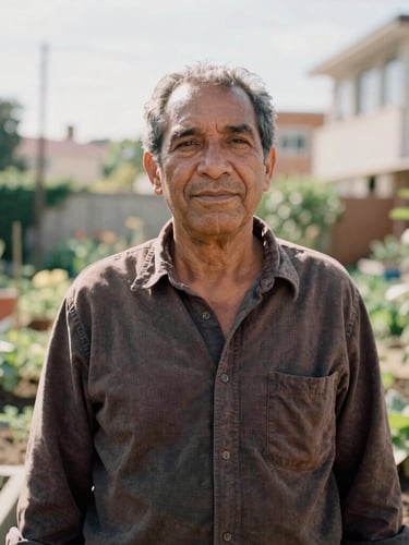 Documentary portrait of a local community leader in a sunlit urban garden, warm natural daylight, authentic unposed expression, rich muted earth tones