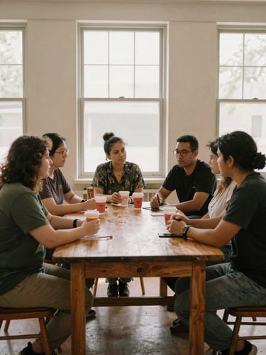 A medium wide shot of local community organizers collaborating around a wooden table in a sunlit community center, warm natural window light, documentary style.