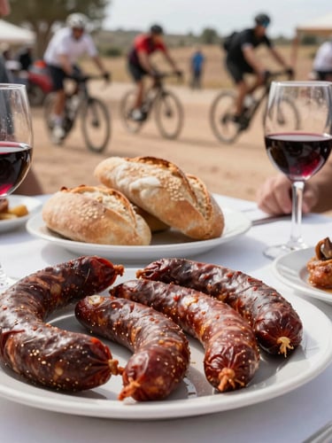 Close-up of a table with rustic local Spanish food, chorizo, fresh bread, and glasses of red wine in an outdoor festive cycling community setting, warm afternoon light.