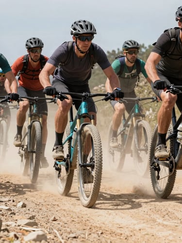 Low-angle shot of a group of mountain bikers waiting at the starting line, tense faces, dusty air, harsh noon light.