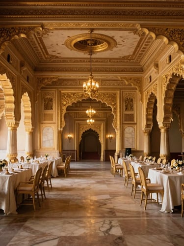 Interior portrait view of a grand banquet hall, intricate gold and marble details, high ceilings, warm uplighting, Maratha architectural style, 35mm