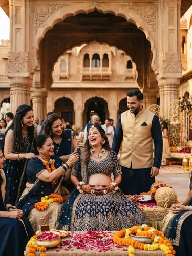 Joyful Indian family celebrating a baby shower under a grand archway at Mhasweshwer Palace, golden-hour light, warm editorial photography, rich navy and gold tones, majestic royal Indian architecture, 35mm