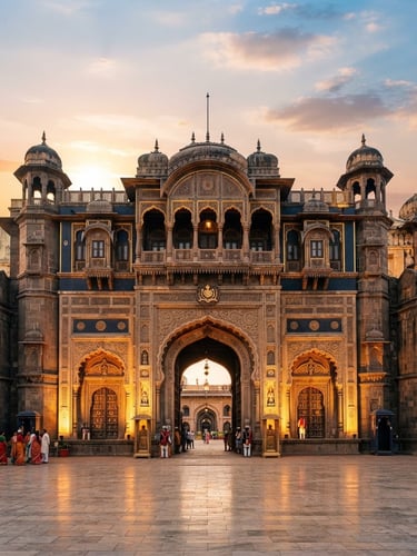Wide shot of a grand Maratha palace facade at golden hour, intricate hand-carved arches, warm uplighting, rich navy and gold tones, 35mm.