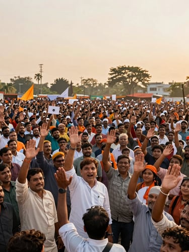 A high-energy public election rally in Uttar Pradesh, dramatic golden hour sunlight, candidate waving to an immense crowd, wide-angle cinematic frame