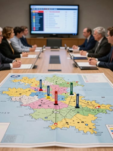 A focused political campaign war room with physical maps of constituencies spread across a large table, tactical markers, and digital screens showing real-time voter data