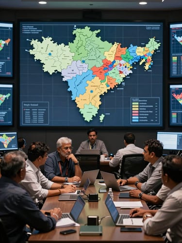 A high-contrast, dramatic political war room in India, strategists analyzing constituency maps under focused low-key lighting, digital screens in background