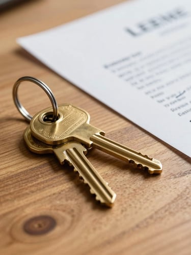 Close-up of brass apartment keys resting on a clean wooden tabletop next to a signed lease agreement, bright daylight