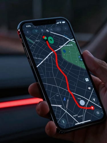 Sleek modern smartphone displaying a dark GPS tracking map with a red route line, held by a driver inside a car at night, dashboard lights blurred in the background.