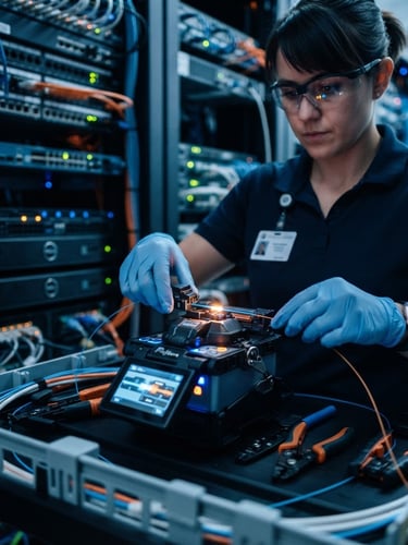 Close-up of a professional network engineer splicing a fiber optic cable in a modern, clean server room, blue and orange indicator lights, high precision, 35mm photography