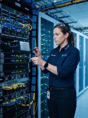 Professional technician in branded navy uniform configuring a high-density server rack, blue and amber indicator lights glowing, clean cable management, crisp 35mm corporate-tech style