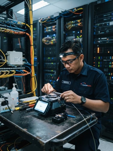 Professional Indonesian technician in branded uniform splicing fiber optic cables inside a high-tech corporate server room, cool blue and orange indicator lights, sharp focus, 35mm