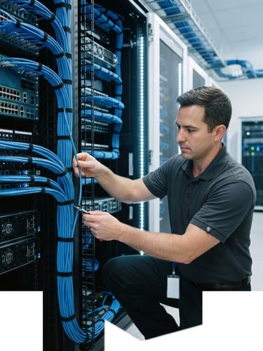 Professional IT technician carefully routing blue Cat6 ethernet cables inside a clean, modern server rack, bright cool-toned office lighting, sharp focus