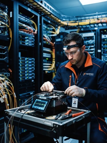 A professional telecommunications technician in branded uniform splicing fiber optic cables inside a high-tech modern server room with cool blue indicators, crisp details, 35mm