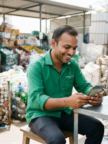 A local Indian recycling partner smiling while looking at his smartphone in bright outdoor daylight, clean sorted scrap materials in the background, high-key photography, 35mm lens