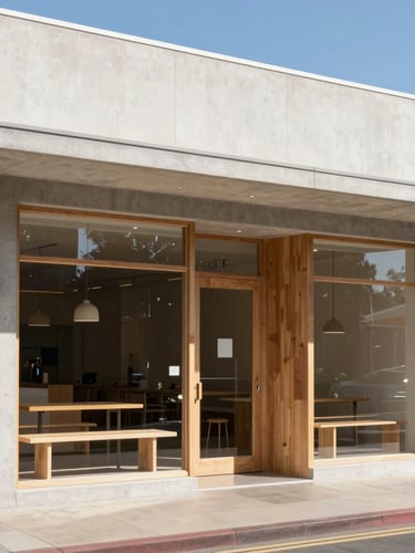 Wide environmental shot of a minimalist concrete and timber commercial storefront in Perth, bright natural Western Australian daylight, clean lines, sharp focus, 35mm lens