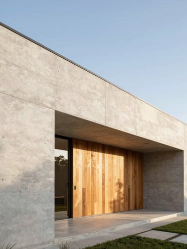 A bright, modern architectural home in Western Australia, raw concrete walls meeting warm timber panels, soft morning sun casting long shadows, 35mm lens.