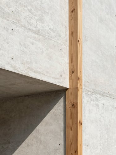Luminous architectural photography of raw concrete and warm timber structural joins, bright natural daylight casting clean architectural shadows, minimalist aesthetic.