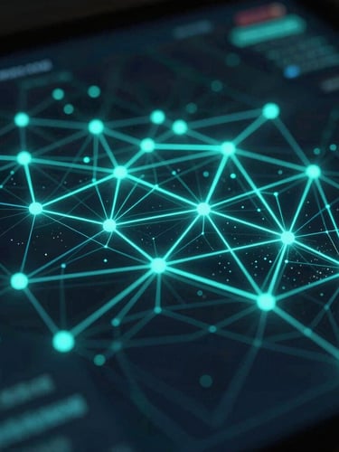 Macro close-up of a dark-mode digital threat map interface, glowing neon cyan network nodes and electric teal data streams pulsing across an ultra-dark background, high-fidelity 3D visualization, low-key dramatic lighting.