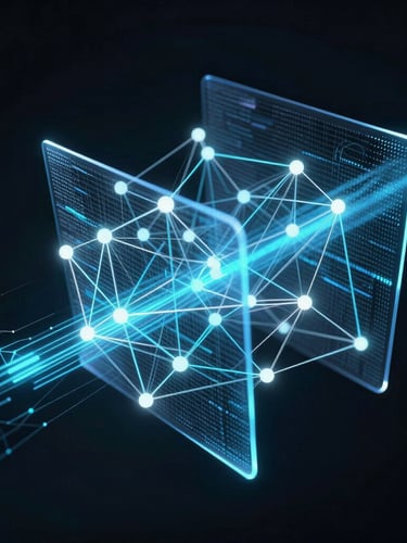 High-fidelity 3D abstract data visualization showing glowing network nodes and active digital shielding streams against an ultra-dark background, low-key lighting.