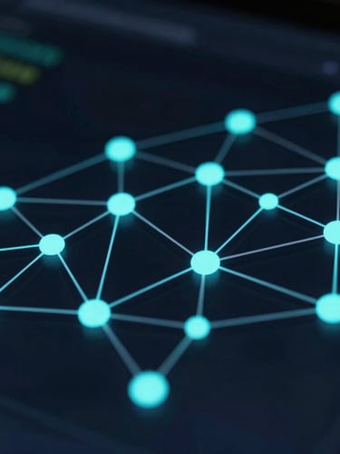 Macro close-up of a dark-mode cybersecurity dashboard showing glowing cyan network nodes and active data leak streams, high contrast, low-key lighting.