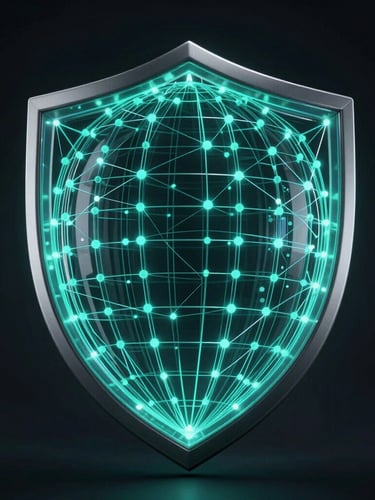 High-contrast abstract 3D data visualization of a secure digital shield, glowing teal lines forming a protective dome over data nodes