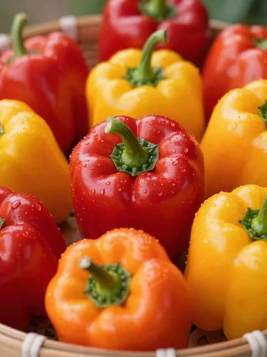 Close-up portrait of vibrant red and yellow scotch bonnet peppers in a rustic basket, warm natural daylight, shallow depth of field, 35mm lens.