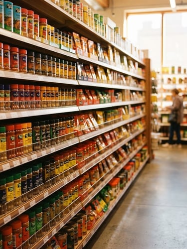 Wide shot of a pristine grocery aisle, shelves neatly stocked with colorful African and Caribbean spices and seasonings, warm natural daylight, shallow depth of field, 35mm lens
