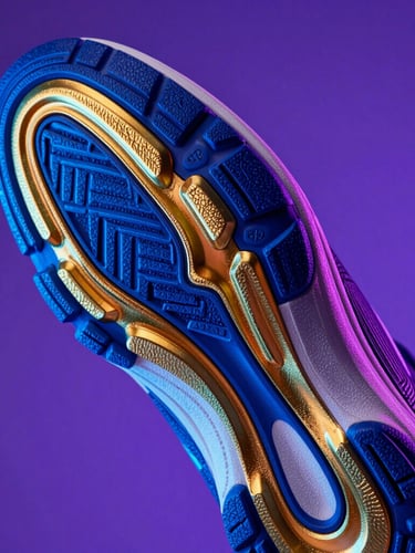 Extreme close-up of a futuristic luxury sneaker sole with metallic gold highlights, dramatic electric blue and deep purple studio lighting, high contrast, sharp focus, 85mm lens
