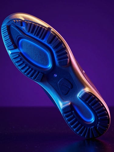 Extreme close-up of futuristic metallic shoe sole silhouette on a dark reflective surface, glowing electric blue and deep violet backlighting, sharp focus.