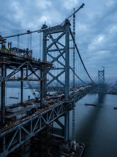 Wide-angle view of a massive bridge under construction at dawn, structural steel frames dominating the foreground, cool overcast sky, sharp focus, steel gray and deep blue tones.