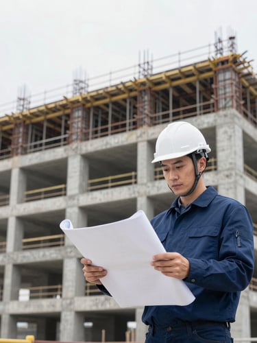 Portrait-oriented image of an engineer on a construction site, wearing a hard hat, reviewing blueprints on a tablet, with a massive concrete structure in the background, crisp daylight, cool tones, sharp focus.