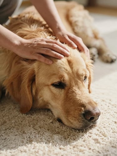Close-up of gentle hands petting a calm, golden-haired therapy dog on a soft cream rug, natural golden-hour daylight, shallow depth of field, warm editorial photography.